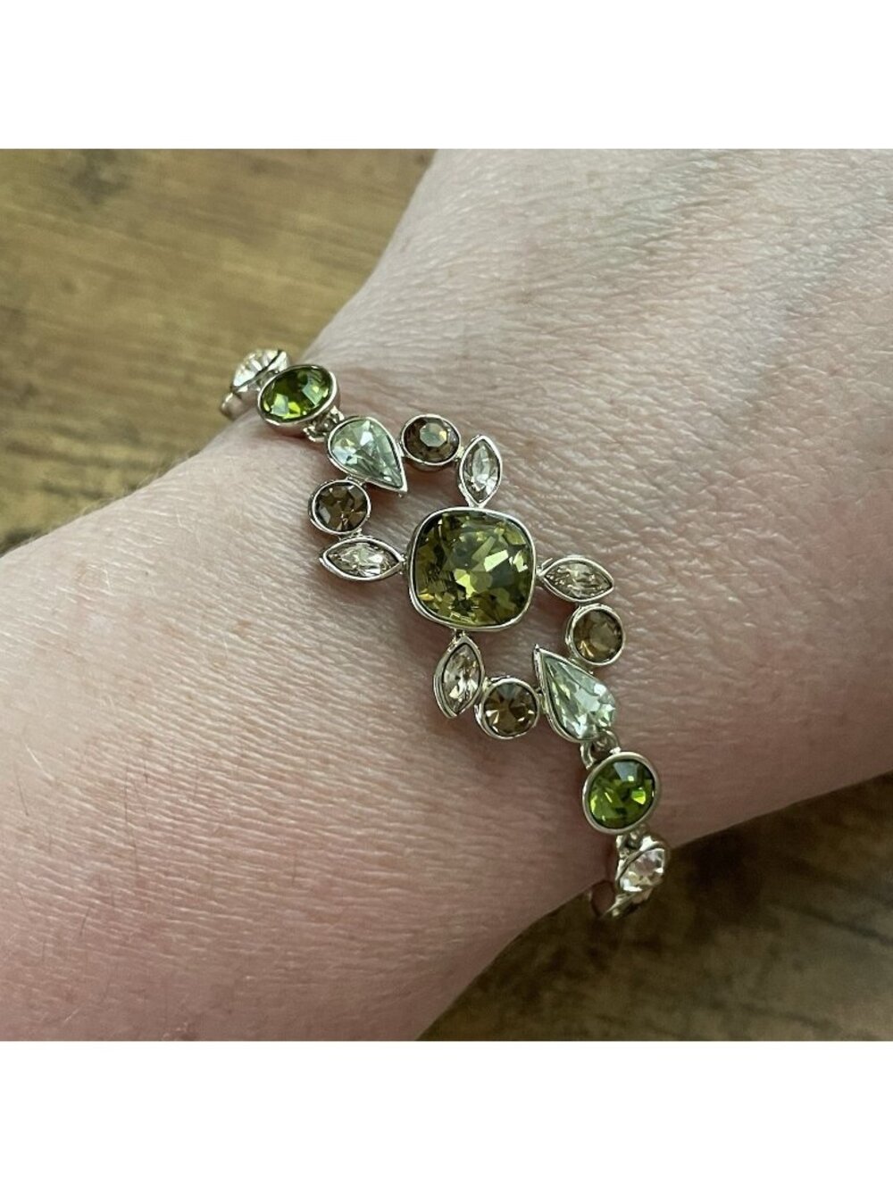 Vintage Givenchy Rhinestone Bracelet Green Amber Glass Silver Tone Link Luxury